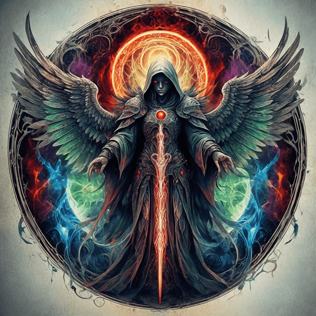 Hooded full-body angel, folded wings, red glowing eyes, vertical demonic sword w/ runes, ornate armor, extremely colorful includes blue,green,purple, red,orange,yellow,blac, white, within circle, filigree border