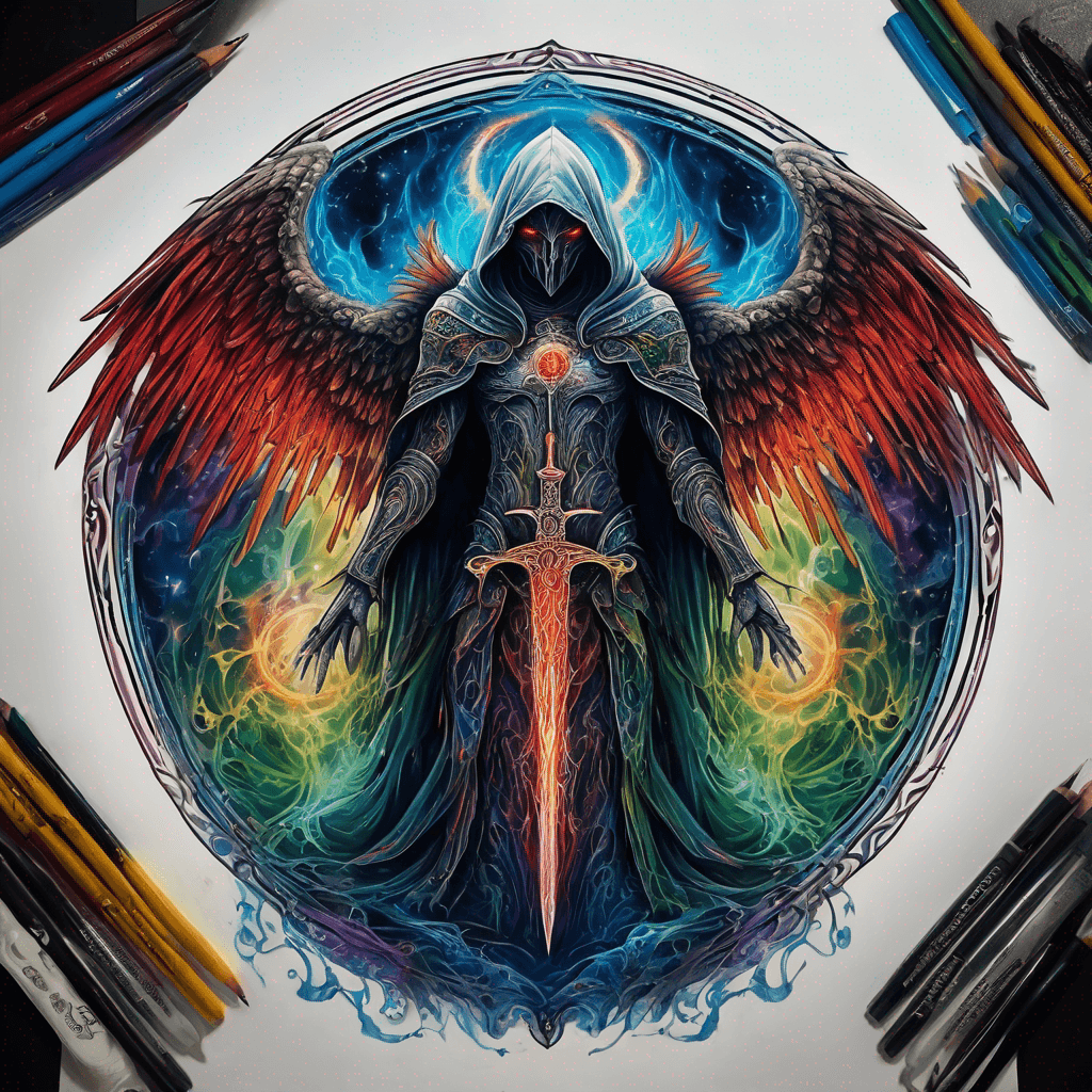Hooded full-body angel, folded wings, red glowing eyes, vertical demonic sword w/ runes, ornate armor, extremely colorful includes blue,green,purple, red,orange,yellow,blac, white, within circle, filigree border