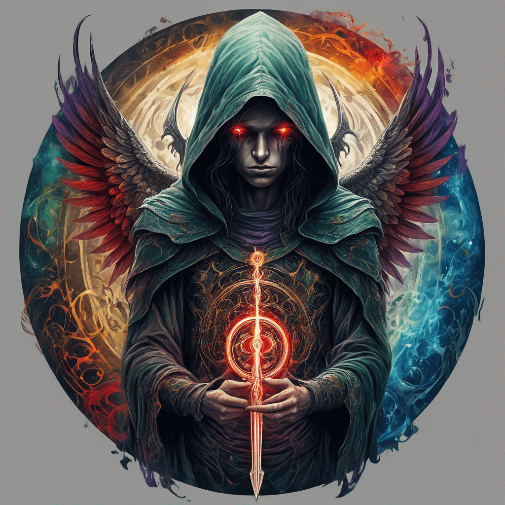 Hooded full-body angel, folded wings, red glowing eyes, vertical demonic sword w/ runes, ornate armor, extremely colorful includes blue,green,purple, red,orange,yellow,blac, white, within circle, filigree border