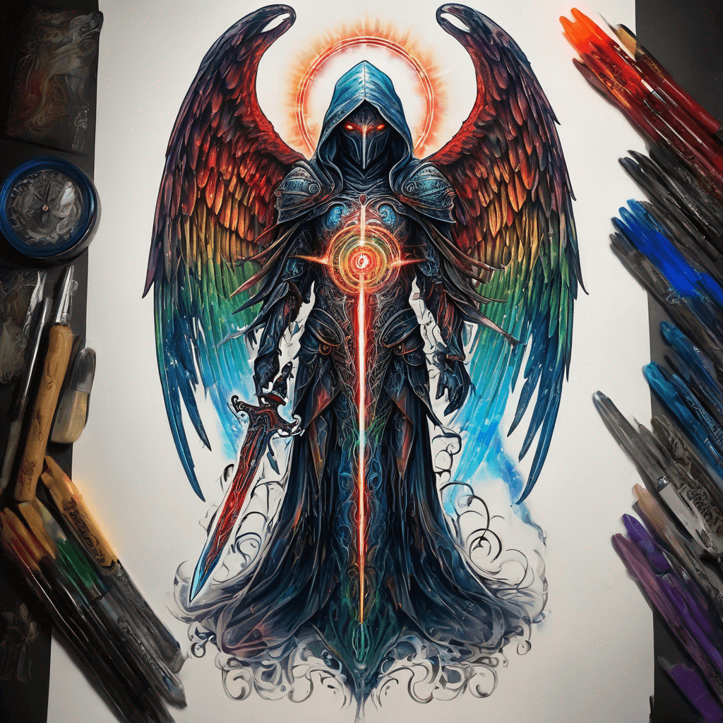 Hooded full-body angel, folded wings, red glowing eyes, vertical demonic sword w/ runes, ornate armor, extremely colorful includes blue,green,purple, red,orange,yellow,blac, white, within circle, filigree border