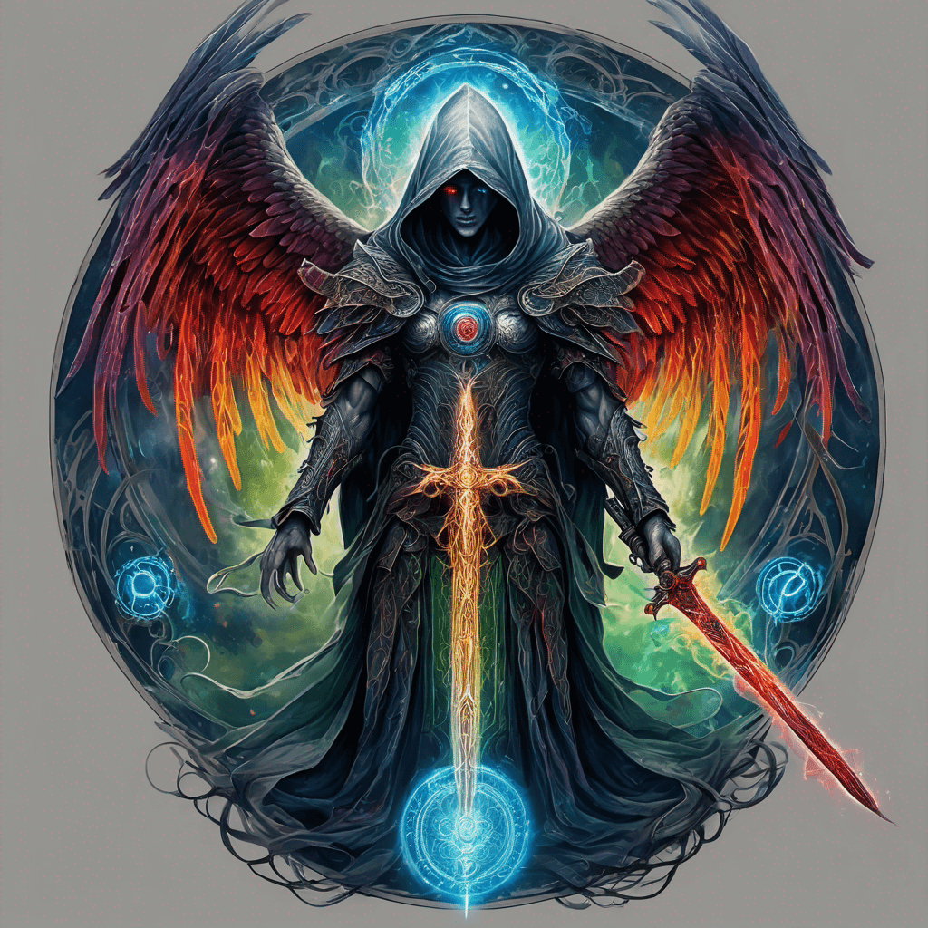 Hooded full-body angel, folded wings, red glowing eyes, vertical demonic sword w/ runes, ornate armor, extremely colorful includes blue,green,purple, red,orange,yellow,blac, white, within circle, filigree border