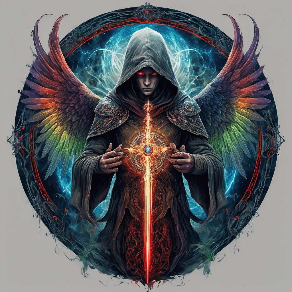 Hooded full-body angel, folded wings, red glowing eyes, vertical demonic sword w/ runes, ornate armor, extremely colorful includes blue,green,purple, red,orange,yellow,blac, white, within circle, filigree border