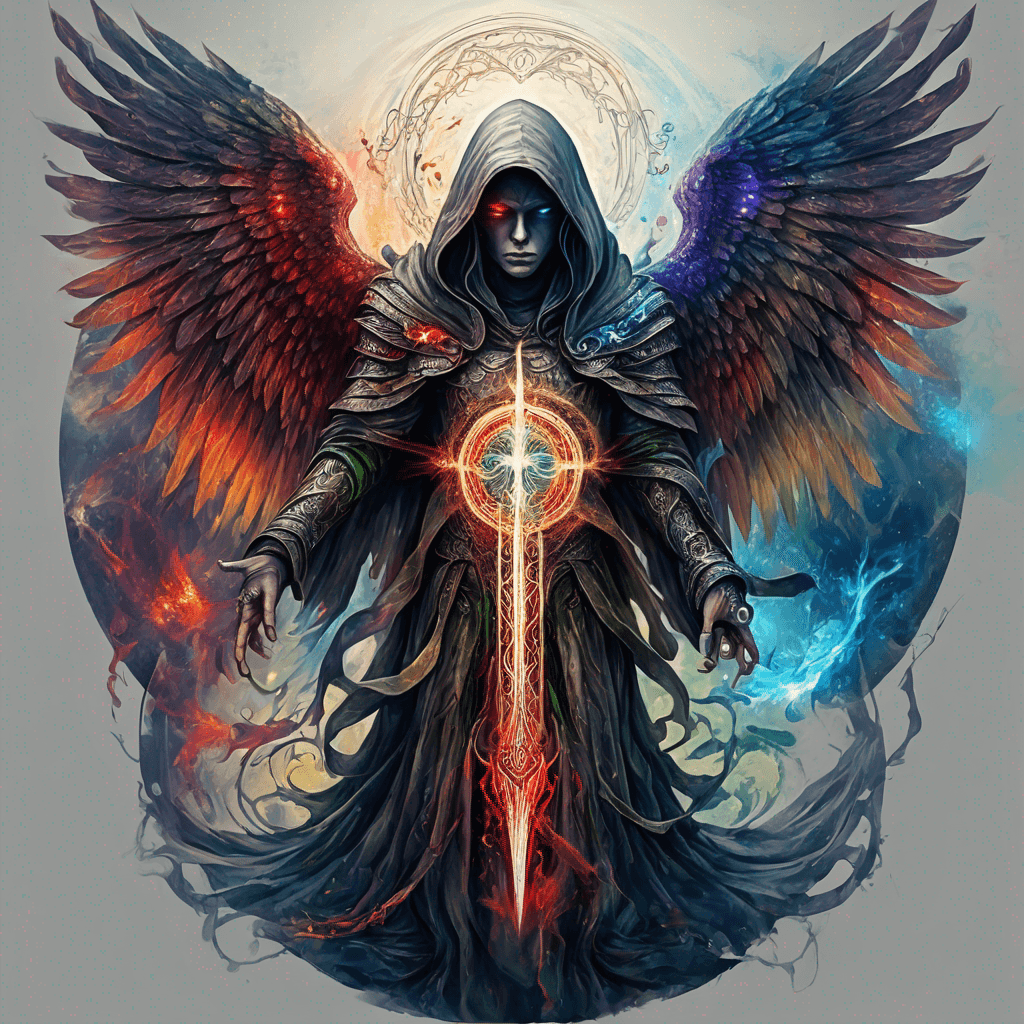 Hooded full-body angel, folded wings, red glowing eyes, vertical demonic sword w/ runes, ornate armor, extremely colorful includes blue,green,purple, red,orange,yellow,blac, white, within circle, filigree border