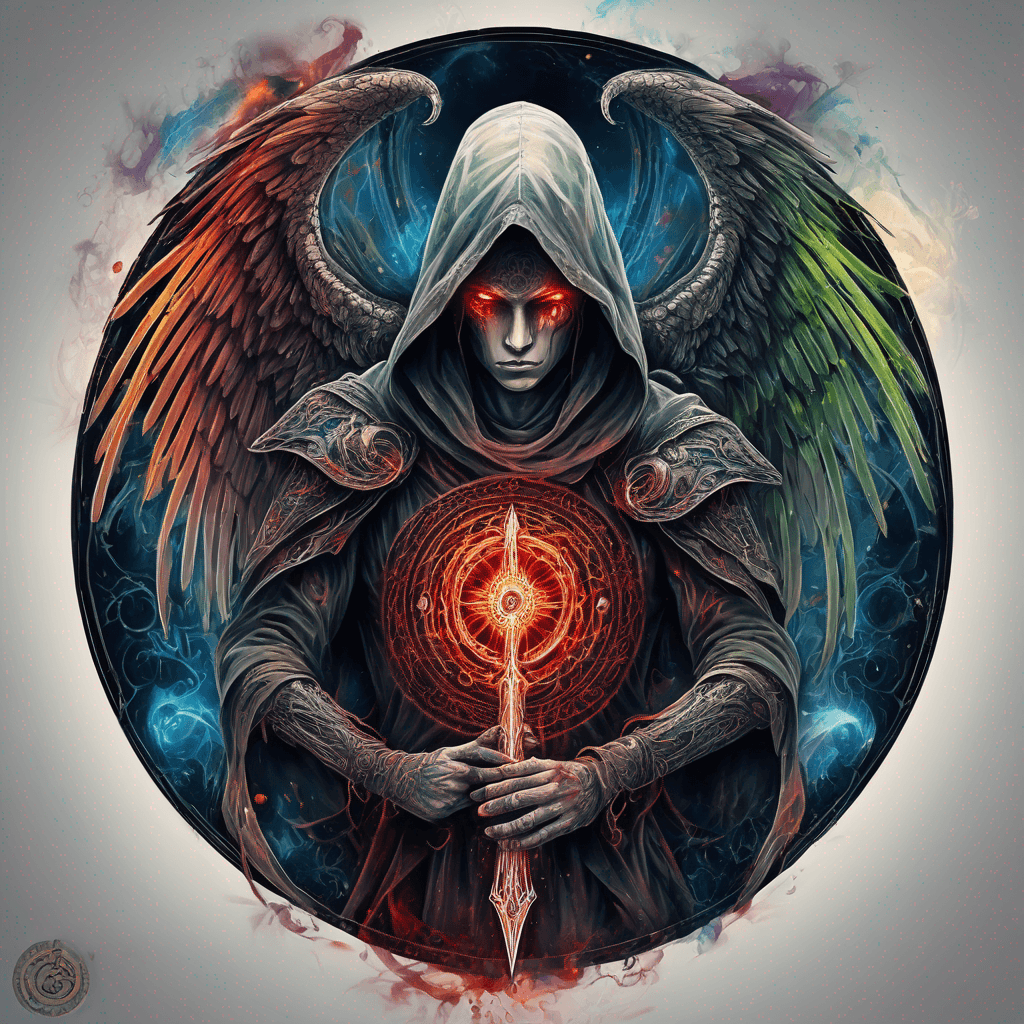 Hooded full-body angel, folded wings, red glowing eyes, vertical demonic sword w/ runes, ornate armor, extremely colorful includes blue,green,purple, red,orange,yellow,blac, white, within circle, filigree border