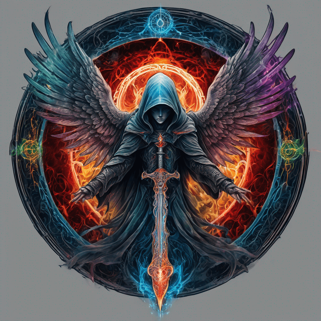 Hooded full-body angel, folded wings, red glowing eyes, vertical demonic sword w/ runes, ornate armor, extremely colorful includes blue,green,purple, red,orange,yellow,blac, white, within circle, filigree border