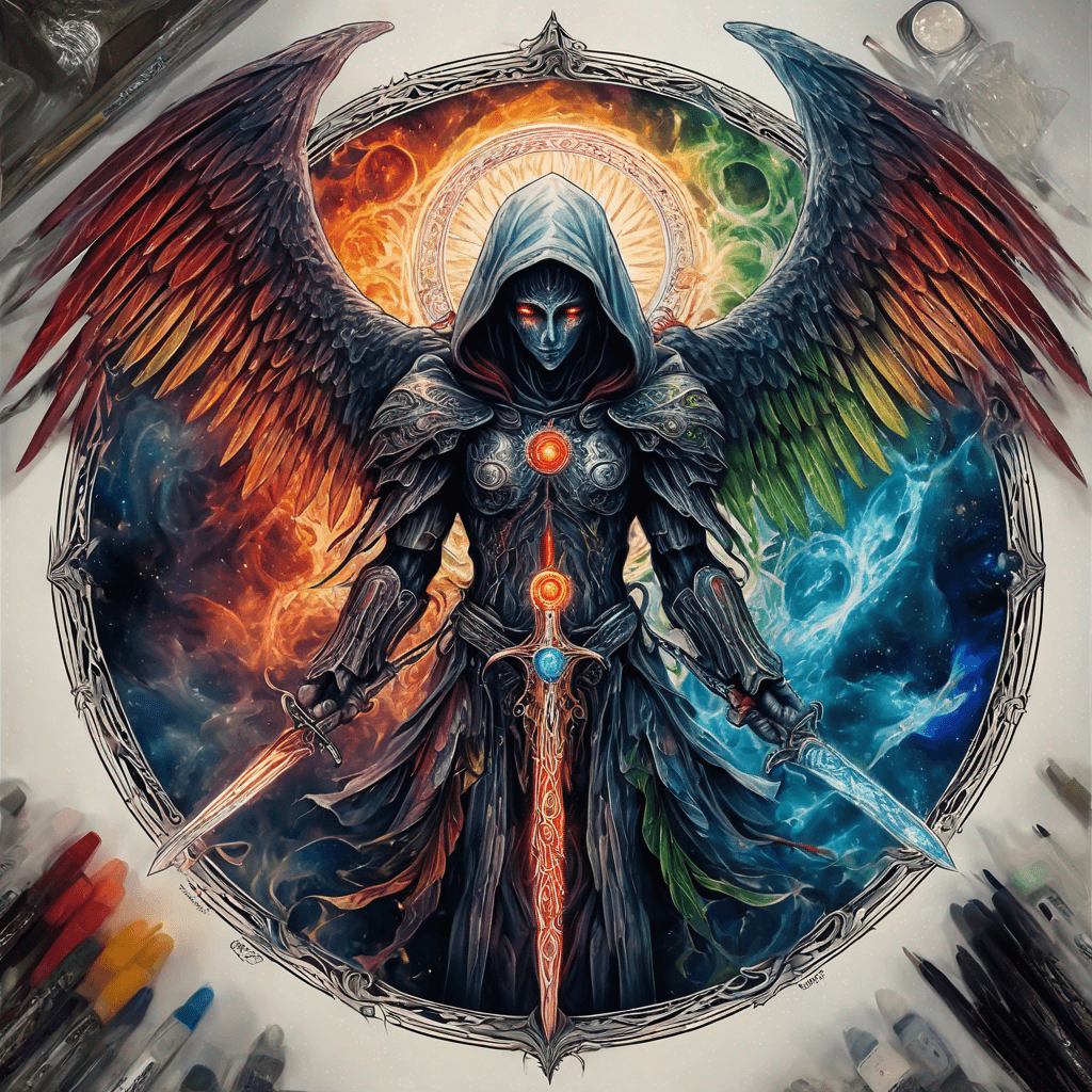 Hooded full-body angel, folded wings, red glowing eyes, vertical demonic sword w/ runes, ornate armor, extremely colorful includes blue,green,purple, red,orange,yellow,blac, white, within circle, filigree border