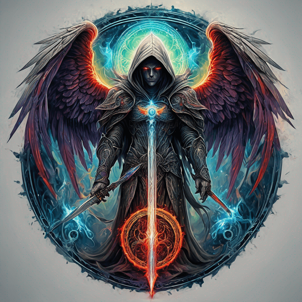Hooded full-body angel, folded wings, red glowing eyes, vertical demonic sword w/ runes, ornate armor, extremely colorful includes blue,green,purple, red,orange,yellow,blac, white, within circle, filigree border