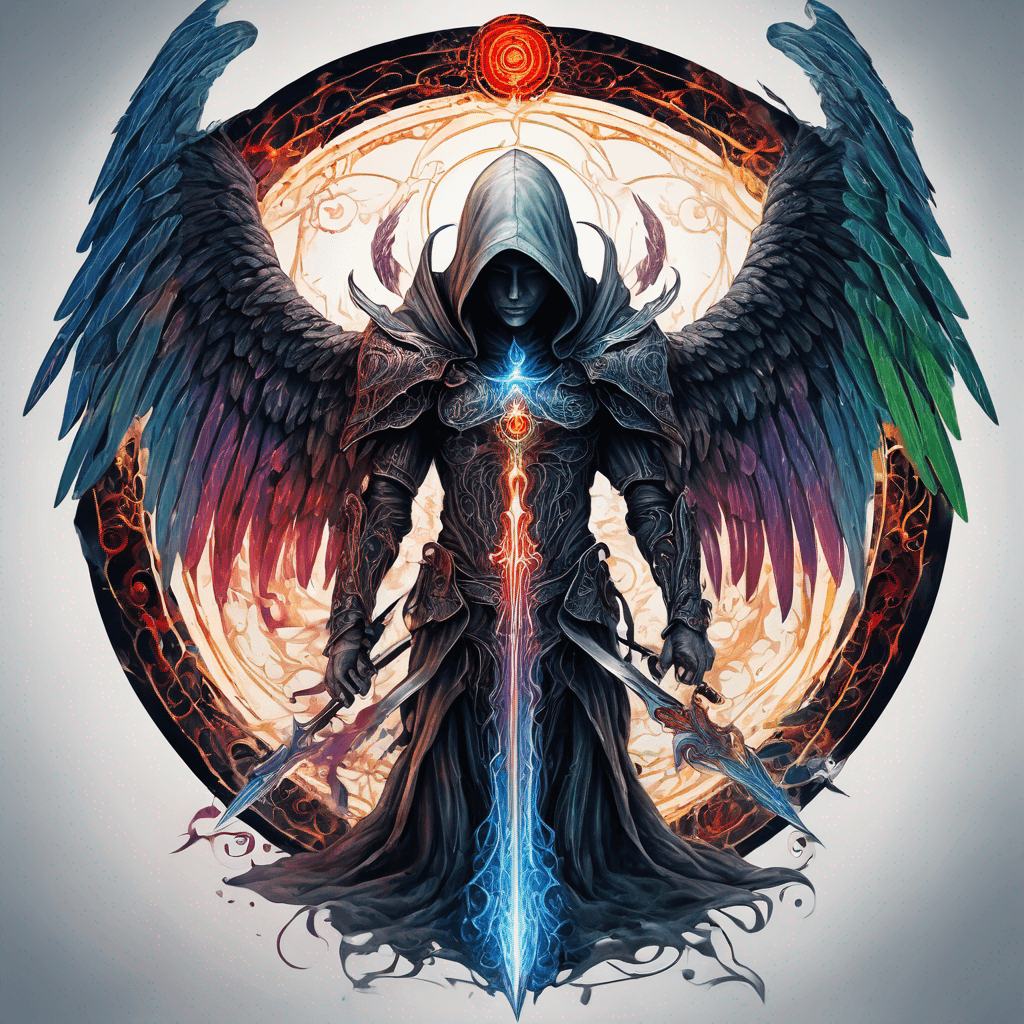Hooded full-body angel, folded wings, red glowing eyes, vertical demonic sword w/ runes, ornate armor, extremely colorful includes blue,green,purple, red,orange,yellow,blac, white, within circle, filigree border