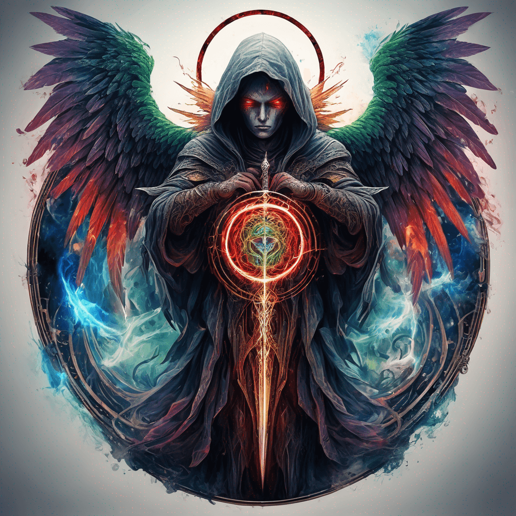 Hooded full-body angel, folded wings, red glowing eyes, vertical demonic sword w/ runes, ornate armor, extremely colorful includes blue,green,purple, red,orange,yellow,blac, white, within circle, filigree border