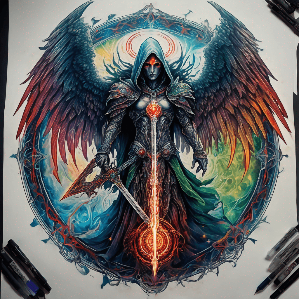 Hooded full-body angel, folded wings, red glowing eyes, vertical demonic sword w/ runes, ornate armor, extremely colorful includes blue,green,purple, red,orange,yellow,blac, white, within circle, filigree border