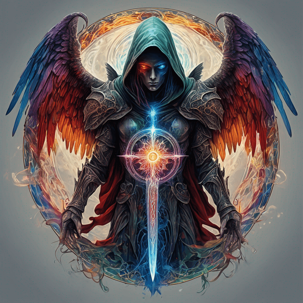 Hooded full-body angel, folded wings, red glowing eyes, vertical demonic sword w/ runes, ornate armor, extremely colorful includes blue,green,purple, red,orange,yellow,blac, white, within circle, filigree border