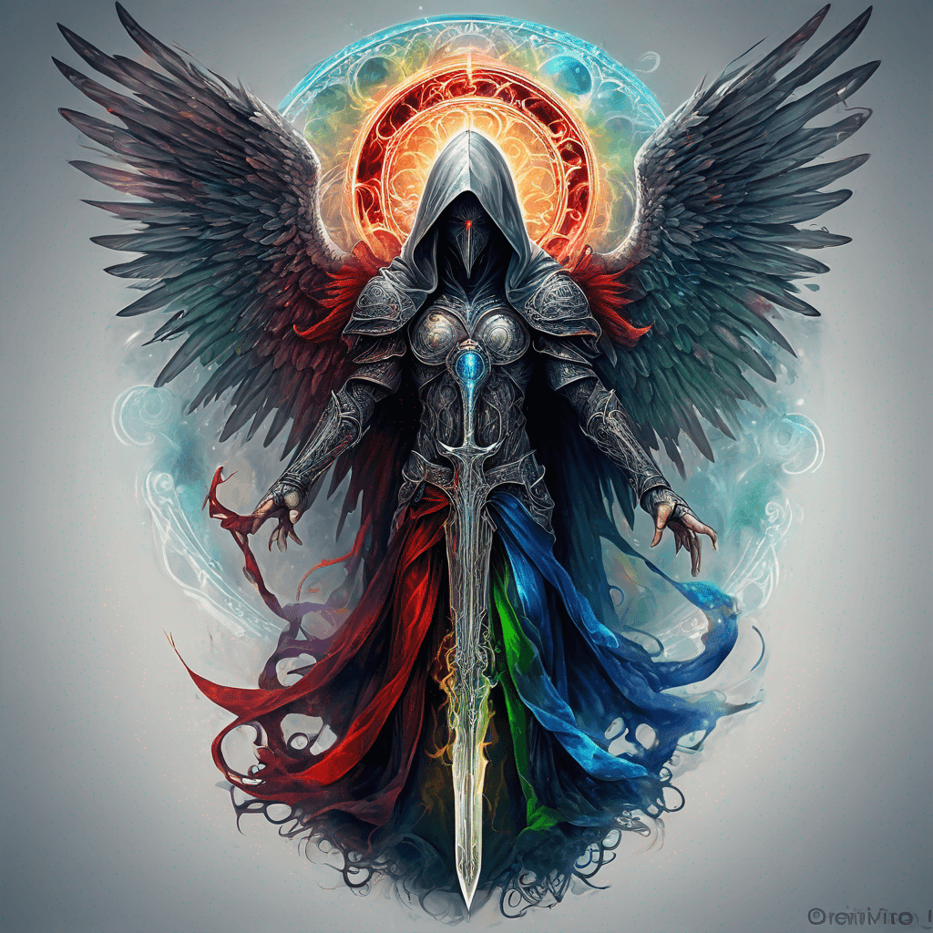 Hooded full-body angel, folded wings, red glowing eyes, vertical demonic sword w/ runes, ornate armor, extremely colorful includes blue,green,purple, red,orange,yellow,blac, white, within circle, filigree border