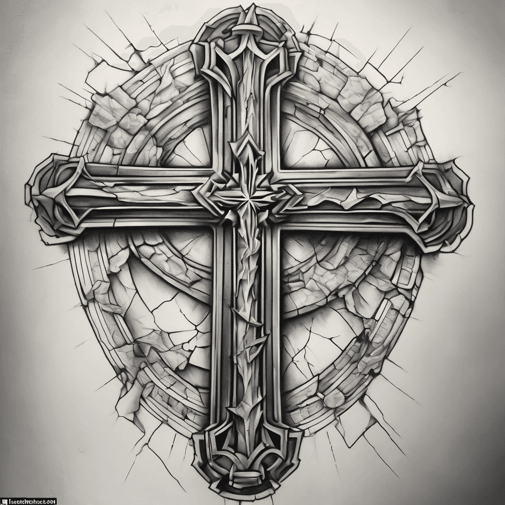 Tattoo design, right shoulder cap placement, mural-style composition following the curve of the deltoid. Central vertical element: a jagged, cracked stone cross with broken/weathered edges (not a clean geometric cross), running top to bottom. A lightning bolt strikes diagonally through the crossbar, as if it split the cross at the moment of impact. Blood drips from the crossbar down the vertical beam of the cross, pooling near a crack. A yellow rose in full bloom sits at the top of the composition, petals flowing outward over the shoulder curve. An ornate coin rests at the base of the cross, like an offering. Elements are integrated into one cohesive scene, not separate stamps — flowing, connected composition. High contrast, bold clean linework, tattoo-ready stencil quality.