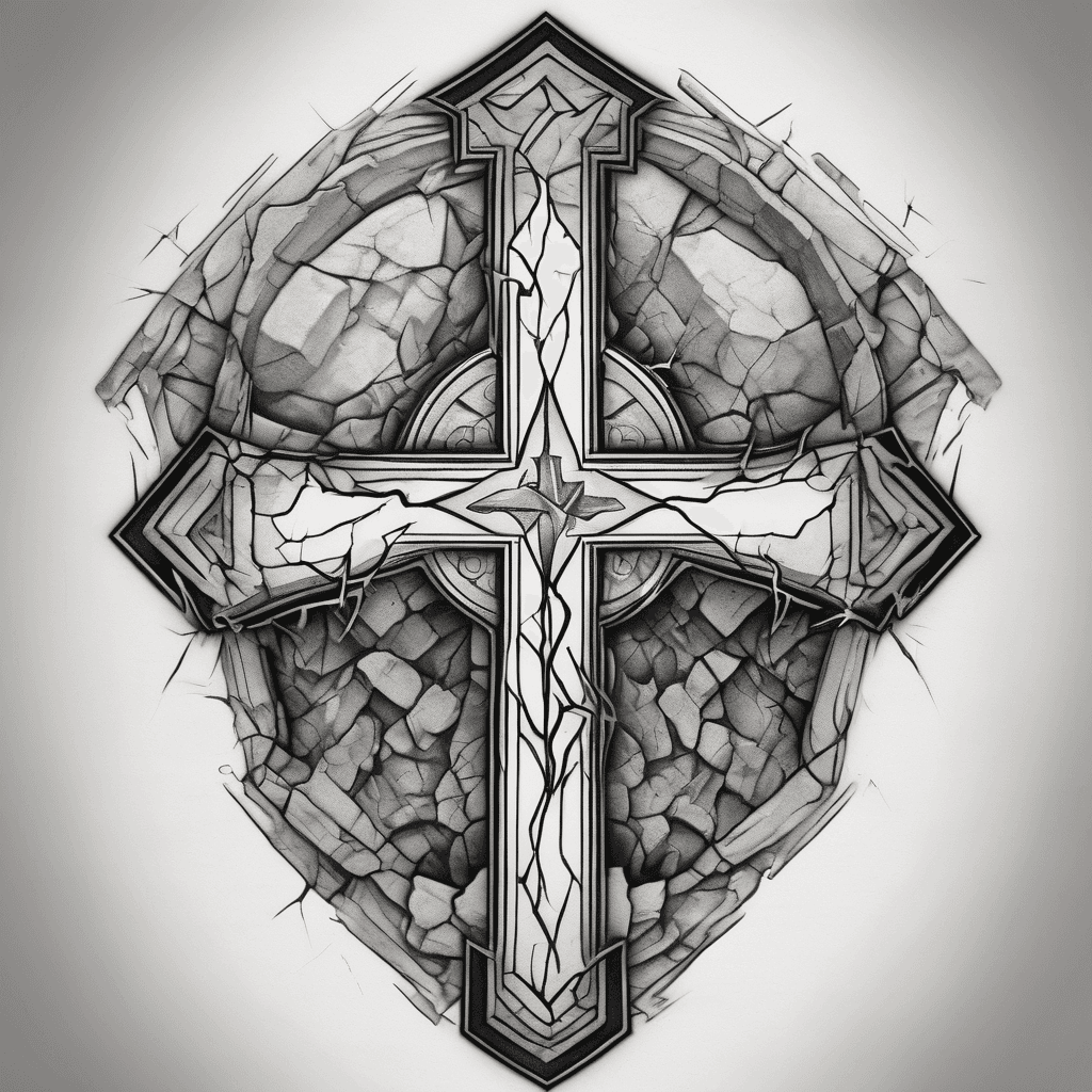 Tattoo design, right shoulder cap placement, mural-style composition following the curve of the deltoid. Central vertical element: a jagged, cracked stone cross with broken/weathered edges (not a clean geometric cross), running top to bottom. A lightning bolt strikes diagonally through the crossbar, as if it split the cross at the moment of impact. Blood drips from the crossbar down the vertical beam of the cross, pooling near a crack. A yellow rose in full bloom sits at the top of the composition, petals flowing outward over the shoulder curve. An ornate coin rests at the base of the cross, like an offering. Elements are integrated into one cohesive scene, not separate stamps — flowing, connected composition. High contrast, bold clean linework, tattoo-ready stencil quality.