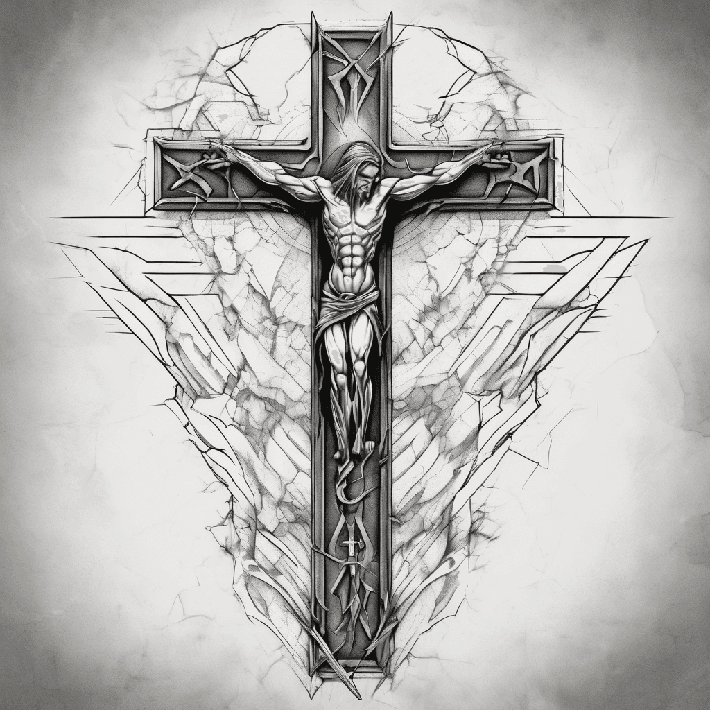 Tattoo design, right shoulder cap placement, mural-style composition following the curve of the deltoid. Central vertical element: a jagged, cracked stone cross with broken/weathered edges (not a clean geometric cross), running top to bottom. A lightning bolt strikes diagonally through the crossbar, as if it split the cross at the moment of impact. Blood drips from the crossbar down the vertical beam of the cross, pooling near a crack. A yellow rose in full bloom sits at the top of the composition, petals flowing outward over the shoulder curve. An ornate coin rests at the base of the cross, like an offering. Elements are integrated into one cohesive scene, not separate stamps — flowing, connected composition. High contrast, bold clean linework, tattoo-ready stencil quality.