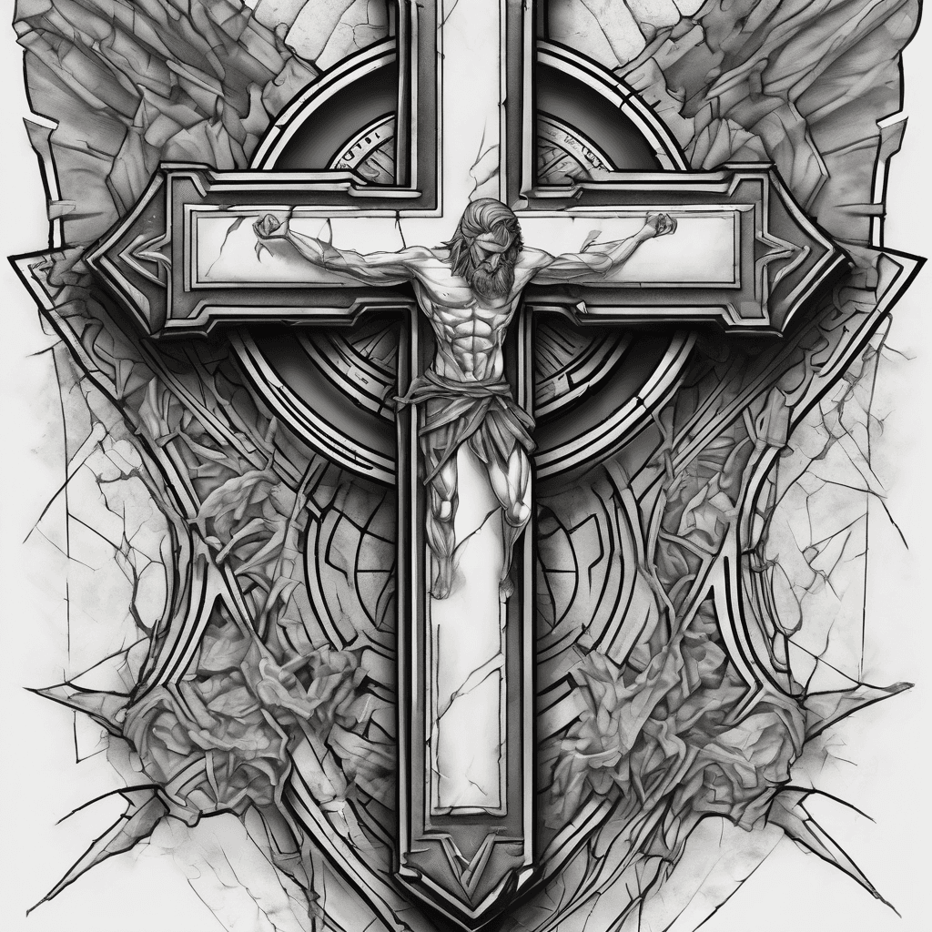 Tattoo design, left shoulder cap placement, mural-style composition following the curve of the deltoid. Central vertical element: a jagged, cracked stone cross with broken/weathered edges (not a clean geometric cross), running top to bottom. A lightning bolt strikes diagonally through the crossbar, as if it split the cross at the moment of impact. Blood drips from the crossbar down the vertical beam of the cross, pooling near a crack. A yellow rose in full bloom sits at the top of the composition, petals flowing outward over the shoulder curve. An ornate coin rests at the base of the cross, like an offering. Elements are integrated into one cohesive scene, not separate stamps — flowing, connected composition. High contrast, bold clean linework, tattoo-ready stencil quality.