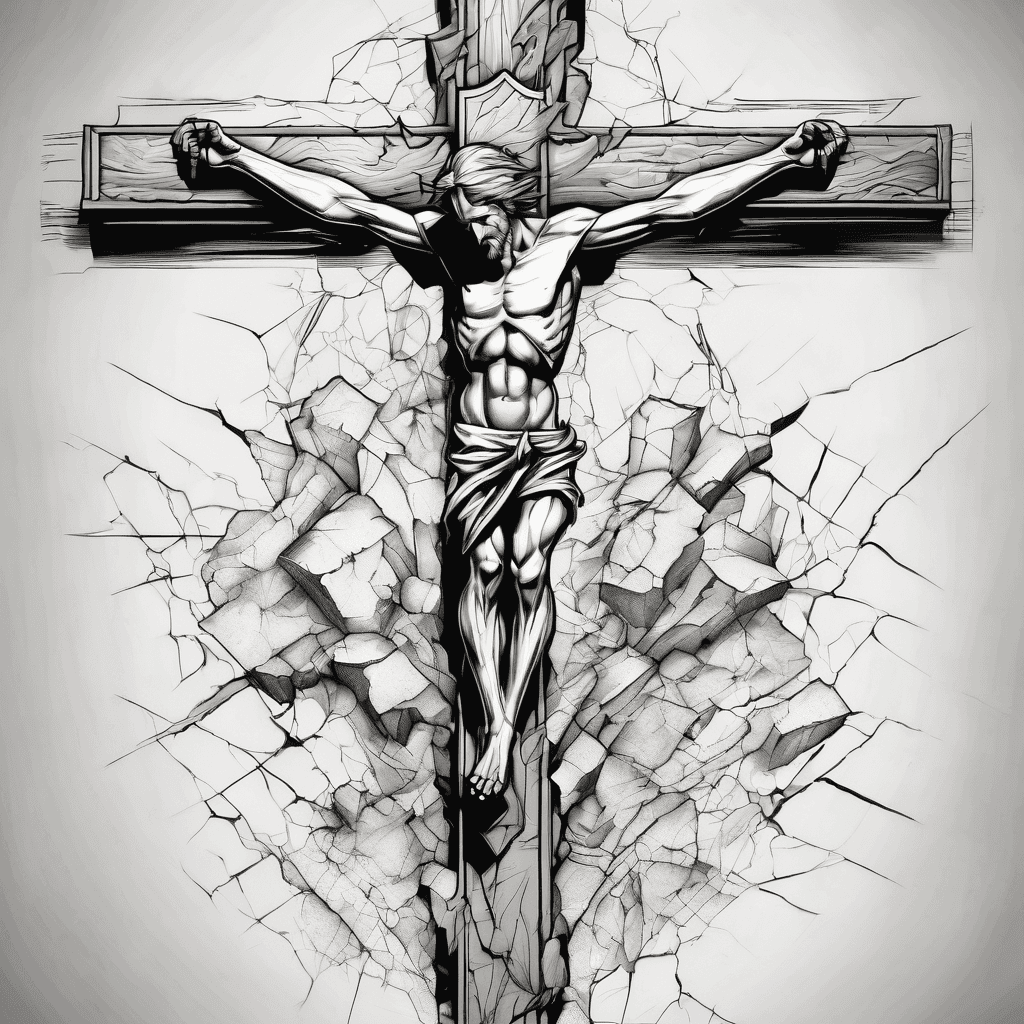 mural-style composition following the curve of the deltoid. Central vertical element: a jagged, cracked stone cross with broken/weathered edges (not a clean geometric cross), running top to bottom. A lightning bolt strikes diagonally through the crossbar, as if it split the cross at the moment of impact. Blood drips from the crossbar down the vertical beam of the cross, pooling near a crack. A yellow rose in full bloom sits at the top of the composition, petals flowing outward over the shoulder curve. An ornate coin rests at the base of the cross, like an offering. Elements are integrated into one cohesive scene, not separate stamps — flowing, connected composition. High contrast, bold clean linework, tattoo-ready stencil quality.