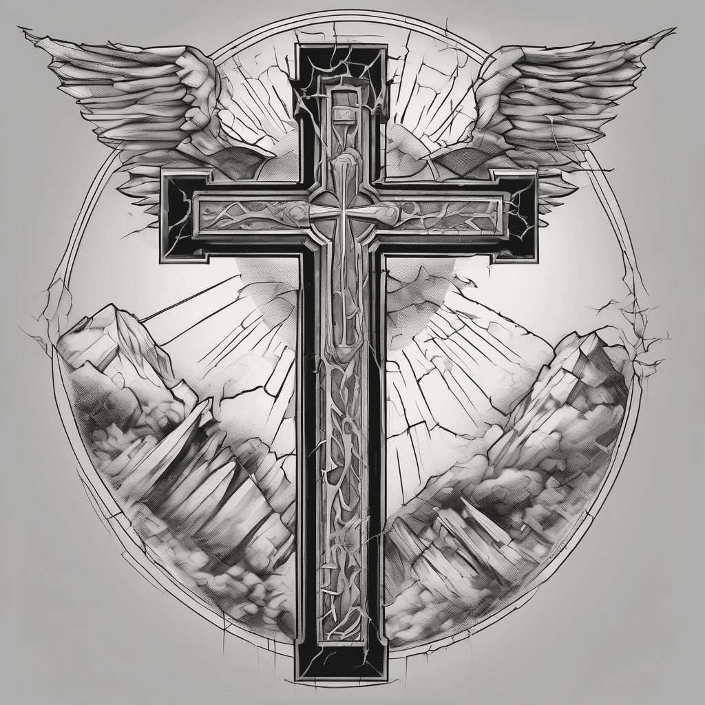 mural-style composition following the curve of the deltoid. Central vertical element: a jagged, cracked stone cross with broken/weathered edges (not a clean geometric cross), running top to bottom. A lightning bolt strikes diagonally through the crossbar, as if it split the cross at the moment of impact. Blood drips from the crossbar down the vertical beam of the cross, pooling near a crack. A yellow rose in full bloom sits at the top of the composition, petals flowing outward over the shoulder curve. An ornate coin rests at the base of the cross, like an offering. Elements are integrated into one cohesive scene, not separate stamps — flowing, connected composition. High contrast, bold clean linework, tattoo-ready stencil quality.