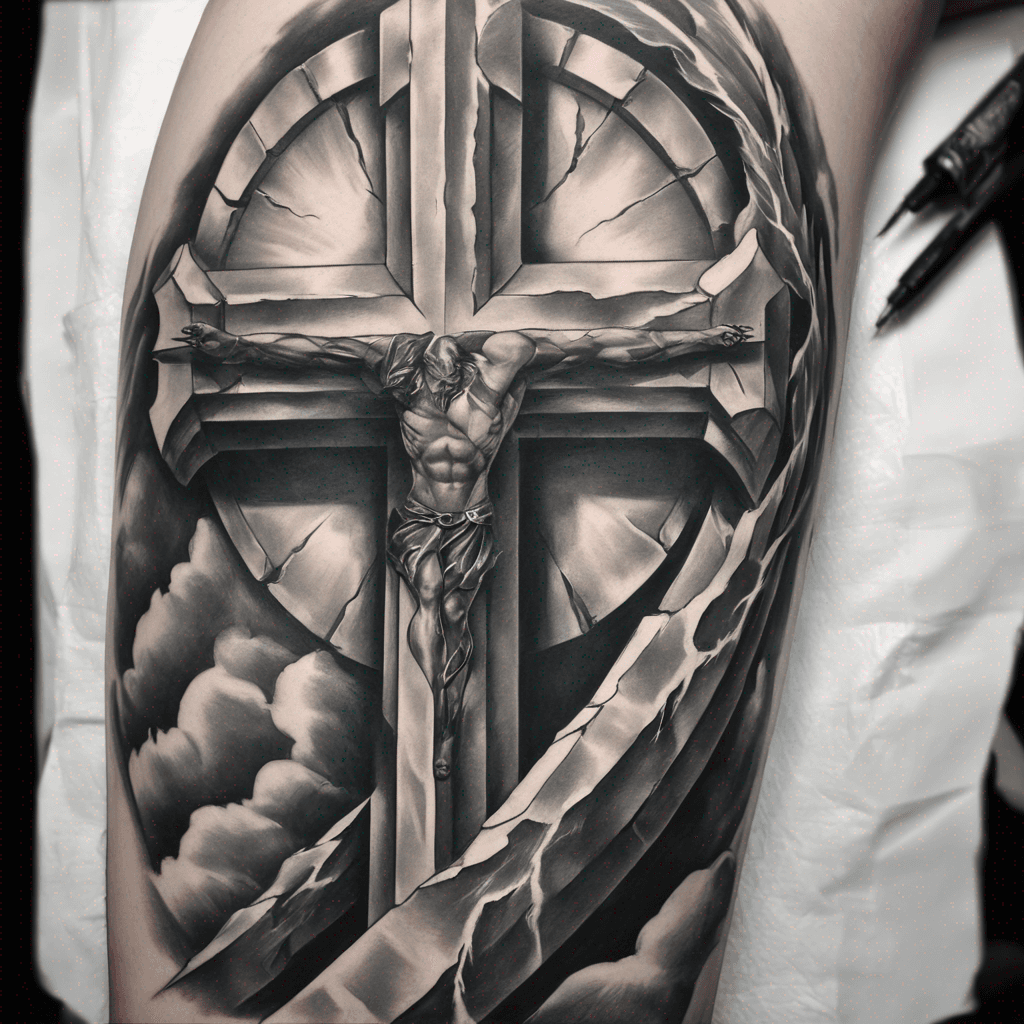 mural-style composition following the curve of the deltoid. Central vertical element: a jagged, cracked stone cross with broken/weathered edges (not a clean geometric cross), running top to bottom. A lightning bolt strikes diagonally through the crossbar, as if it split the cross at the moment of impact. Blood drips from the crossbar down the vertical beam of the cross, pooling near a crack. A yellow rose in full bloom sits at the top of the composition, petals flowing outward over the shoulder curve. An ornate coin rests at the base of the cross, like an offering. Elements are integrated into one cohesive scene, not separate stamps — flowing, connected composition. High contrast, bold clean linework, tattoo-ready stencil quality.