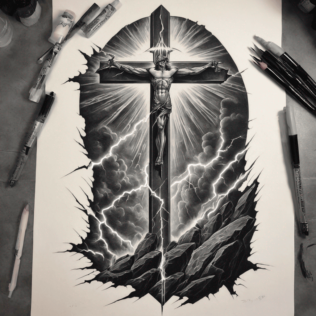 mural-style composition following the curve of the deltoid. Central vertical element: a jagged, cracked stone cross with broken/weathered edges (not a clean geometric cross), running top to bottom. A lightning bolt strikes diagonally through the crossbar, as if it split the cross at the moment of impact. Blood drips from the crossbar down the vertical beam of the cross, pooling near a crack. A yellow rose in full bloom sits at the top of the composition, petals flowing outward over the shoulder curve. An ornate coin rests at the base of the cross, like an offering. Elements are integrated into one cohesive scene, not separate stamps — flowing, connected composition. High contrast, bold clean linework, tattoo-ready stencil quality.