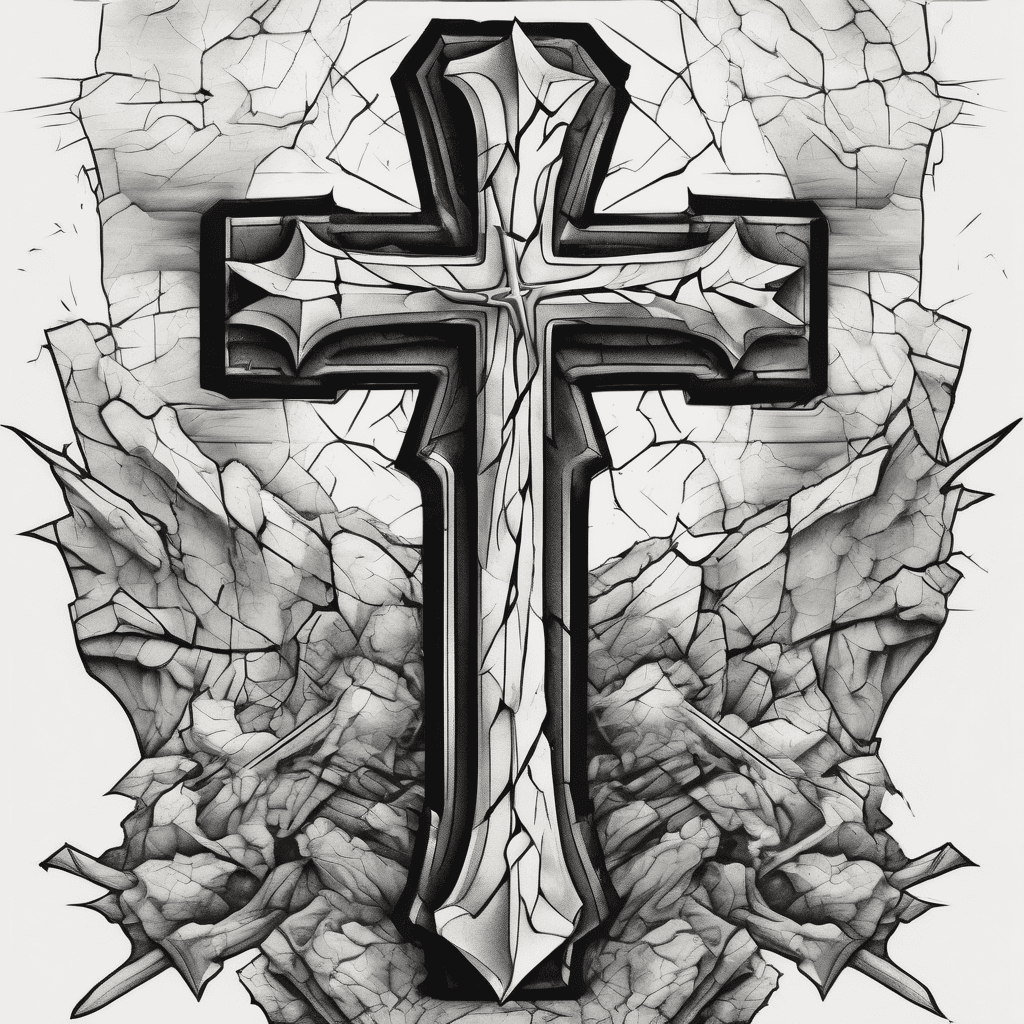 mural-style composition following the curve of the deltoid. Central vertical element: a jagged, cracked stone cross with broken/weathered edges (not a clean geometric cross), running top to bottom. A lightning bolt strikes diagonally through the crossbar, as if it split the cross at the moment of impact. Blood drips from the crossbar down the vertical beam of the cross, pooling near a crack. A yellow rose in full bloom sits at the top of the composition, petals flowing outward over the shoulder curve. An ornate coin rests at the base of the cross, like an offering. Elements are integrated into one cohesive scene, not separate stamps — flowing, connected composition. High contrast, bold clean linework, tattoo-ready stencil quality.
