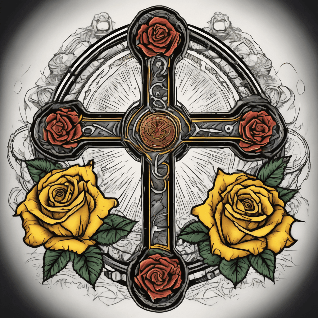 A cross that has lightning in the background with yellow roses draped over it and a special coin or coins at the bottom of it