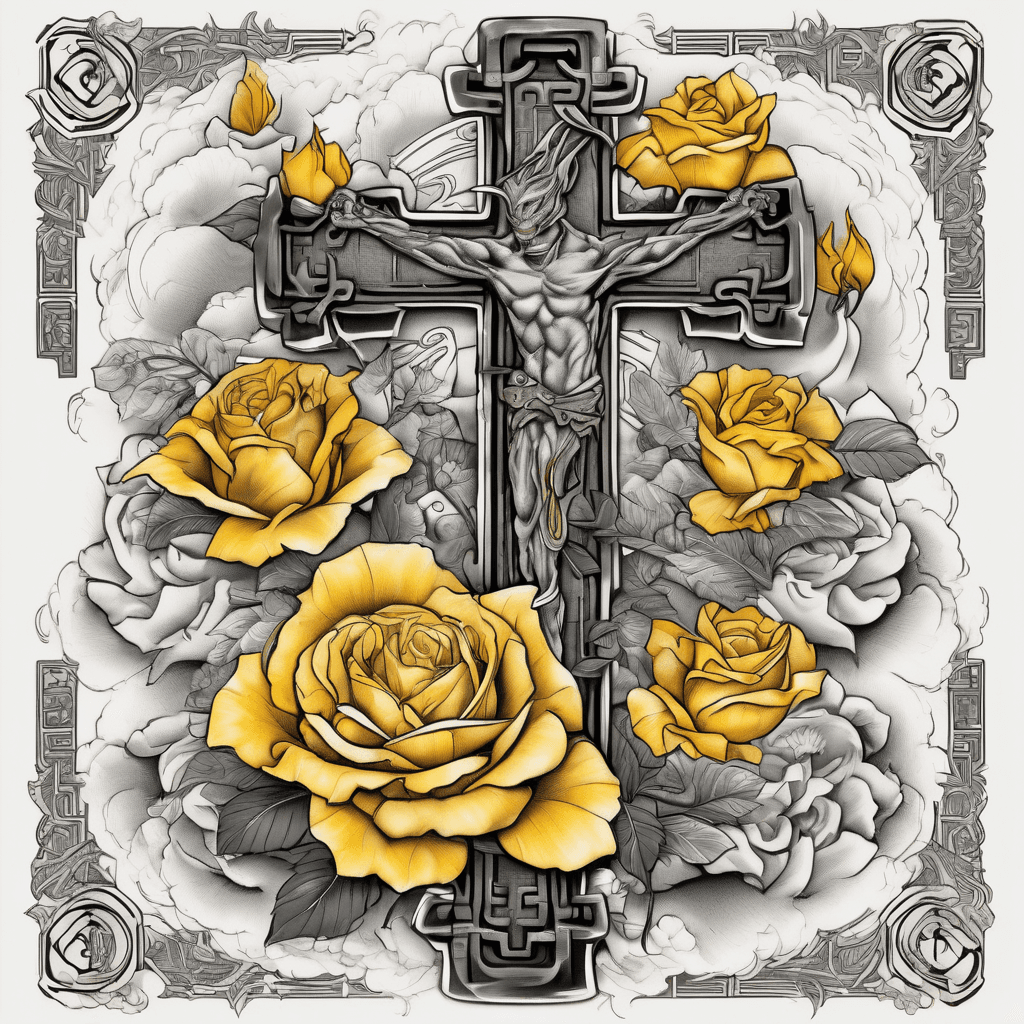 A cross that has lightning in the background with yellow roses draped over it and a special coin or coins at the bottom of it