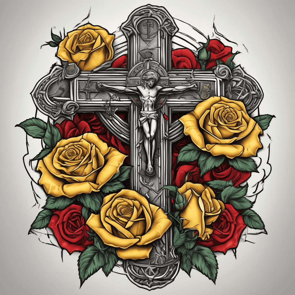 A cross that has lightning in the background with yellow roses draped over it and a special coin or coins at the bottom of it