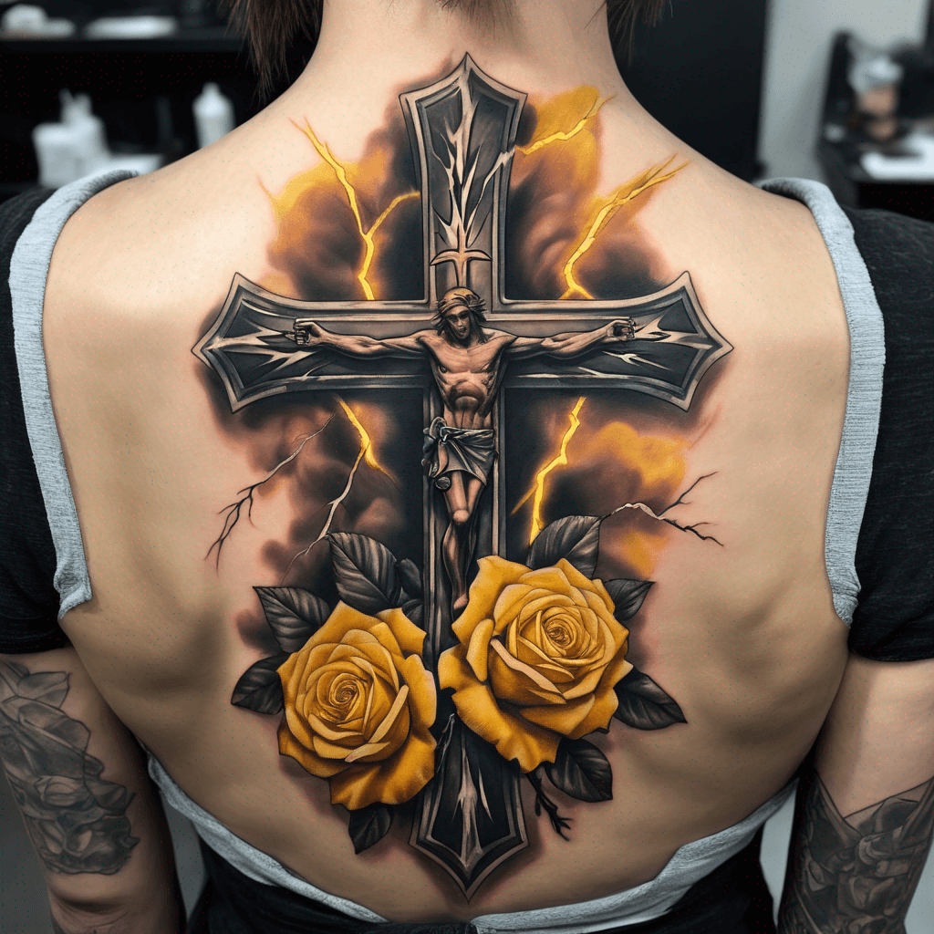 A cross that has lightning in the background with yellow roses draped over it and a special coin or coins at the bottom of it