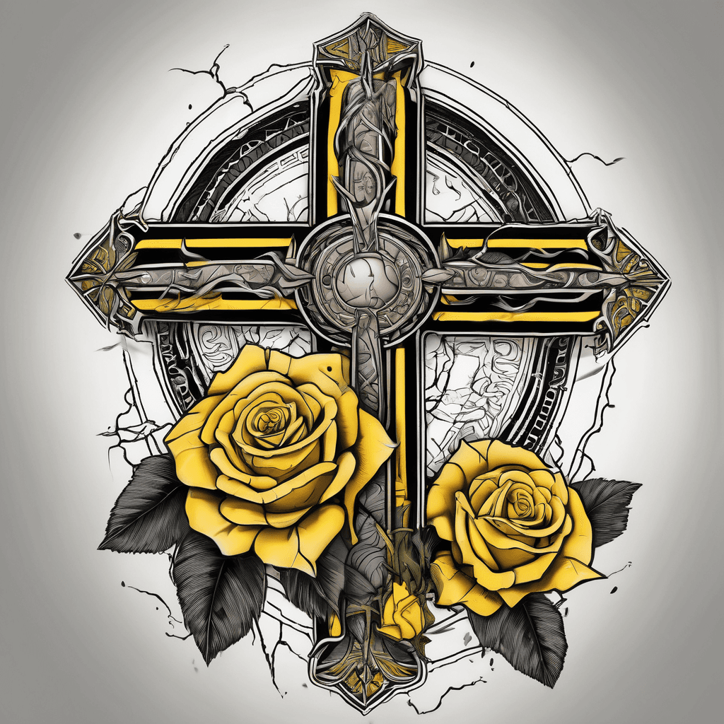 A cross that has lightning in the background with yellow roses draped over it and a special coin or coins at the bottom of it