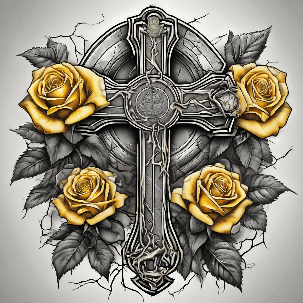 A cross that has lightning in the background with yellow roses draped over it and a special coin or coins at the bottom of it