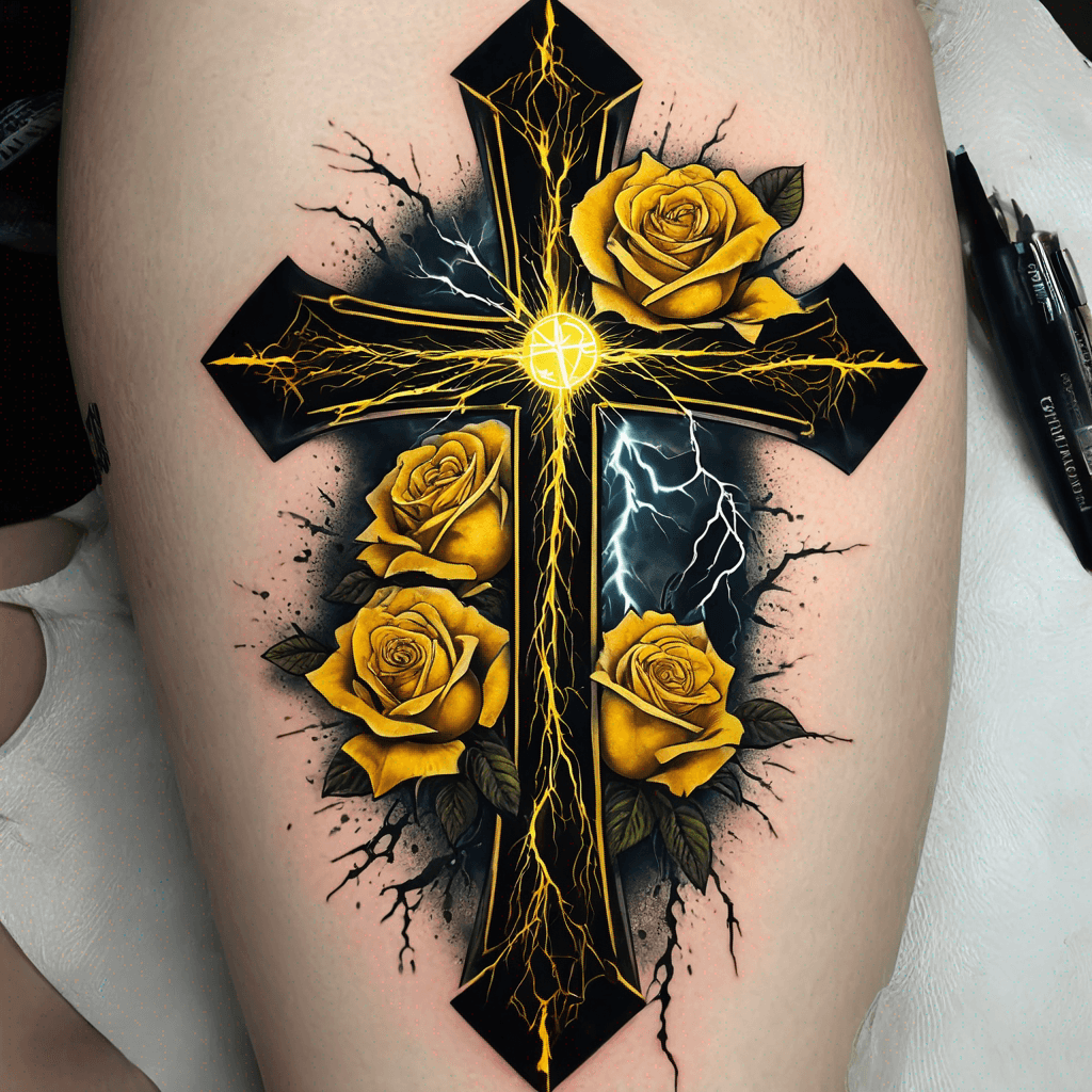 A cross that has lightning in the background with yellow roses draped over it and a special coin or coins at the bottom of it