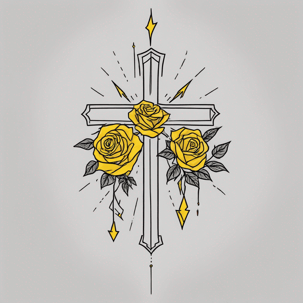 A cross that has lightning in the background with yellow roses draped over it and a special coin or coins at the bottom of it