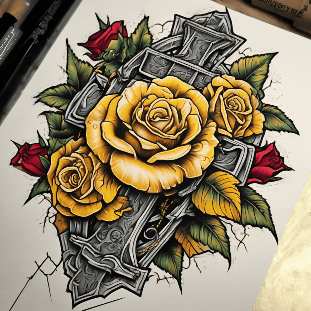 Weathered cross wrapped by a blooming yellow rose, a lightning bolt striking behind, a gold coin nestled at its base.