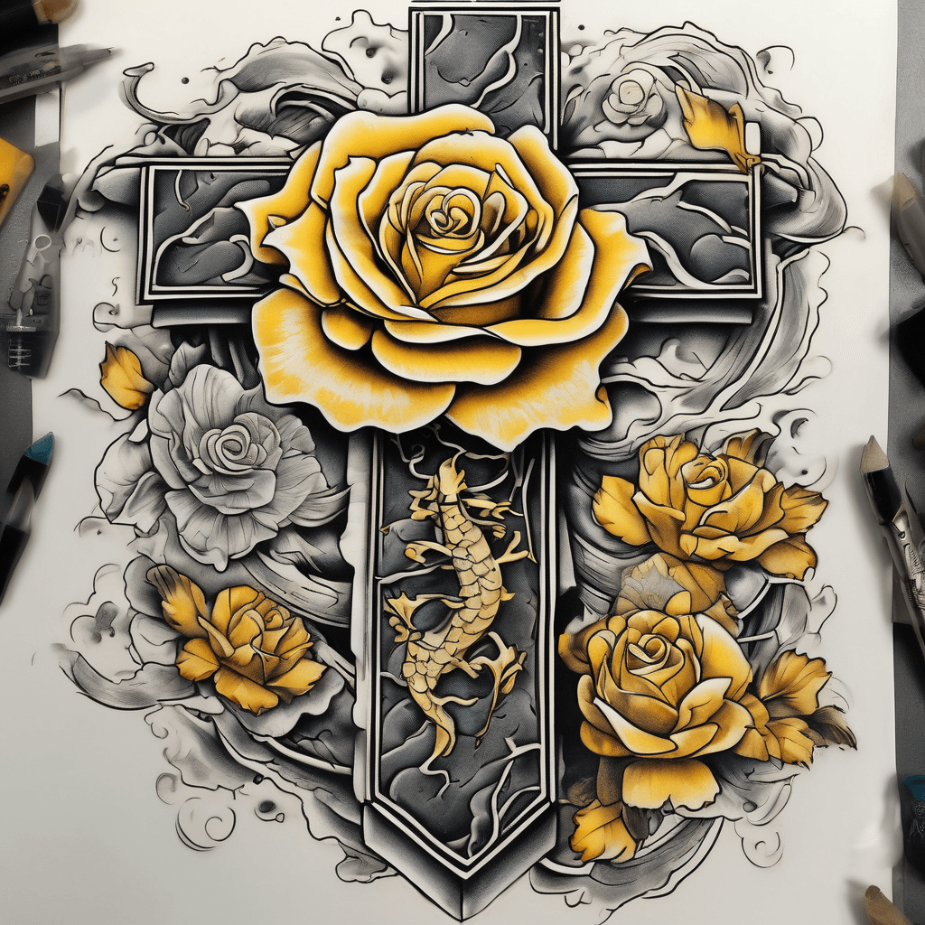 Weathered cross wrapped by a blooming yellow rose, a lightning bolt striking behind, a gold coin nestled at its base.