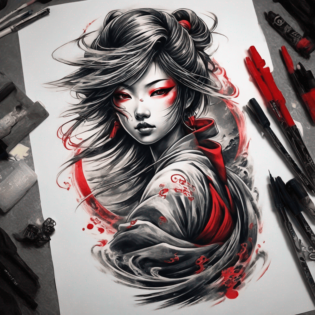 Japanese anime-style tattoo: dynamic samurai girl, flowing hair, bold clean linework, high-contrast black & grey shading, subtle red accents, 3/4 pose