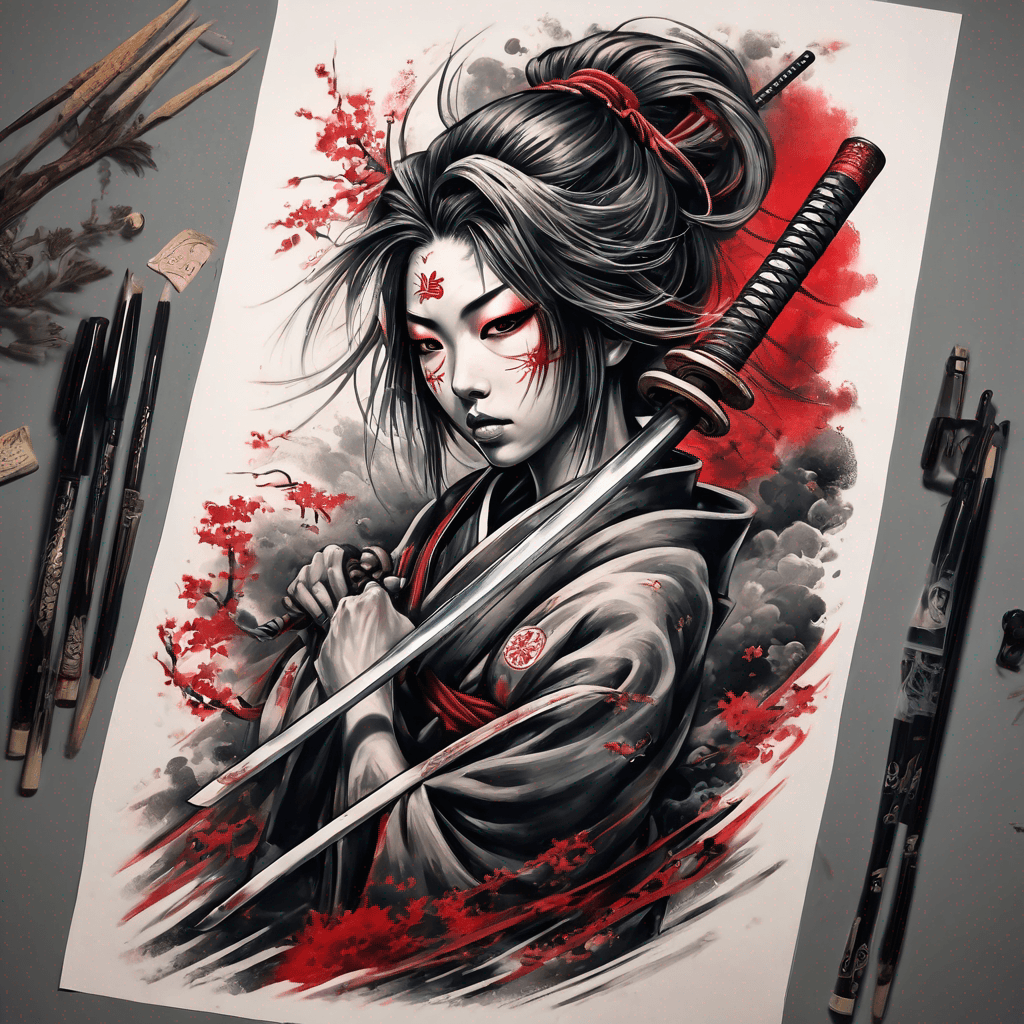 Anime-style Japanese samurai girl, 3/4 pose, dynamic flowing hair, katana, bold clean linework, high-contrast black/grey shading, subtle red accents