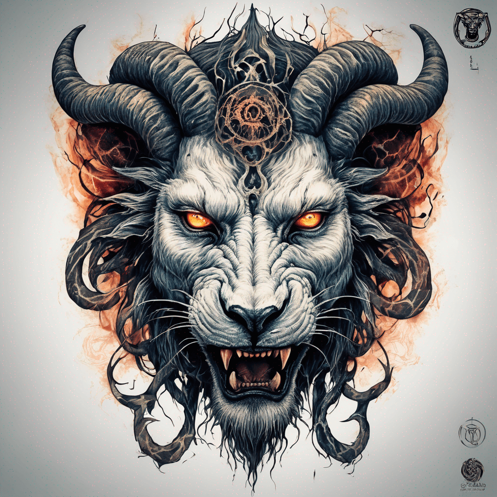 Fierce lion-goat demon face, snarling maw, twisted goat horns, glowing eyes, occult sigils, cracked skin, neo-traditional blackwork, bold lines