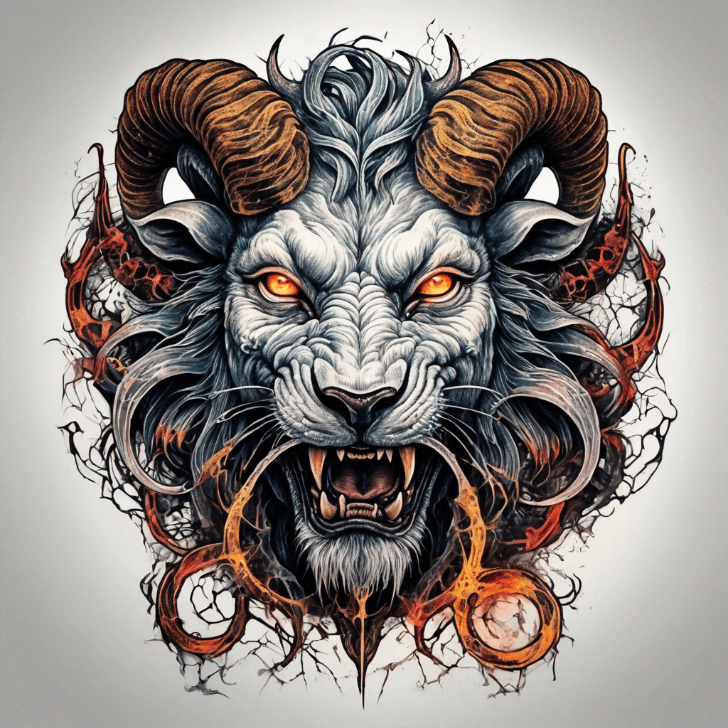 Fierce lion-goat demon face, snarling maw, twisted goat horns, glowing eyes, occult sigils, cracked skin, neo-traditional blackwork, bold lines