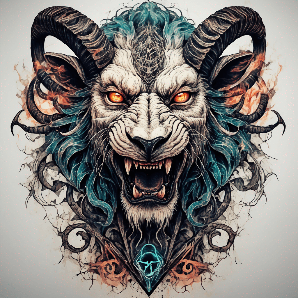 Fierce lion-goat demon face, snarling maw, twisted goat horns, glowing eyes, occult sigils, cracked skin, neo-traditional blackwork, bold lines