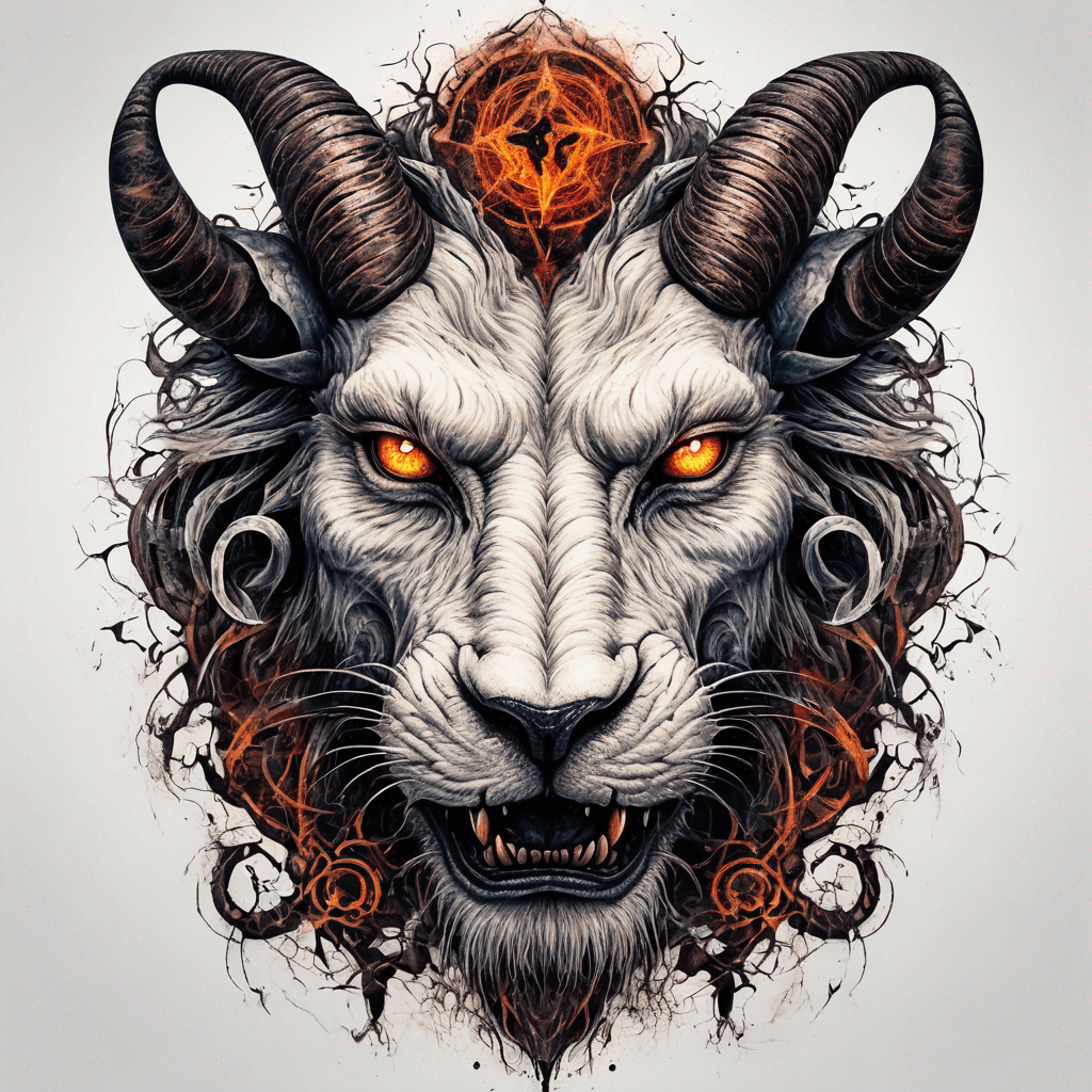 Fierce lion-goat demon face, snarling maw, twisted goat horns, glowing eyes, occult sigils, cracked skin, neo-traditional blackwork, bold lines