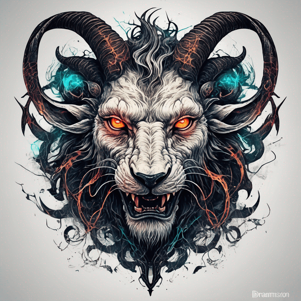 Fierce lion-goat demon face, snarling maw, twisted goat horns, glowing eyes, occult sigils, cracked skin, neo-traditional blackwork, bold lines
