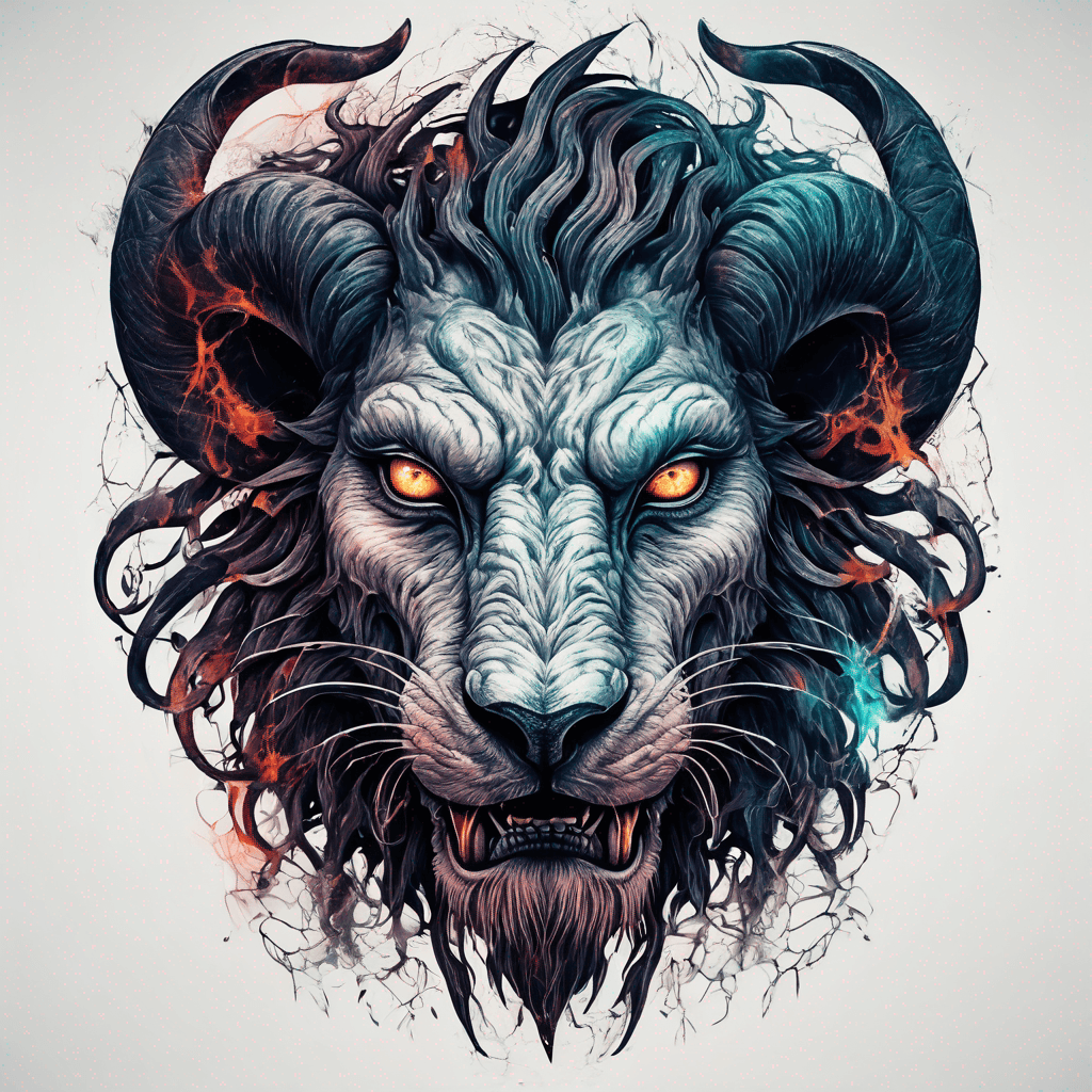 Fierce lion-goat demon face, snarling maw, twisted goat horns, glowing eyes, occult sigils, cracked skin, neo-traditional blackwork, bold lines