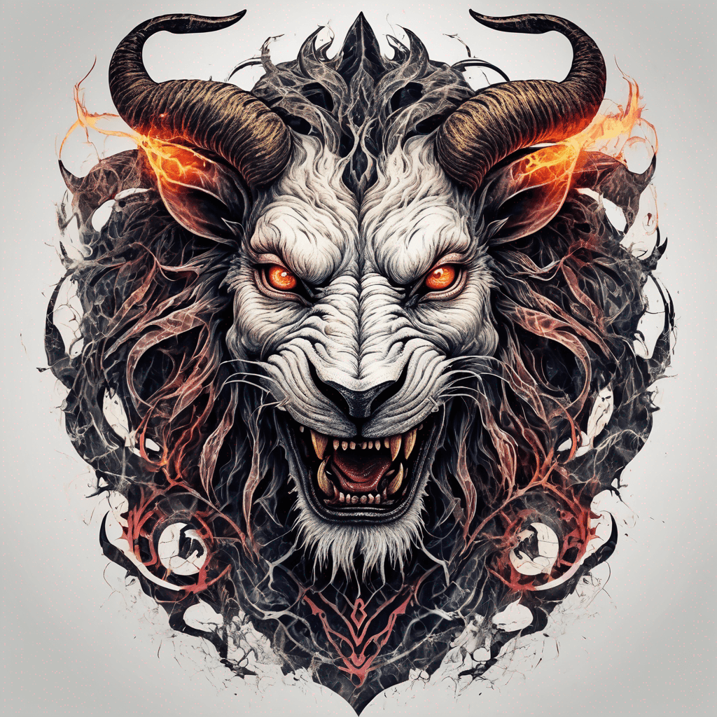 Fierce lion-goat demon face, snarling maw, twisted goat horns, glowing eyes, occult sigils, cracked skin, neo-traditional blackwork, bold lines and sinister smile