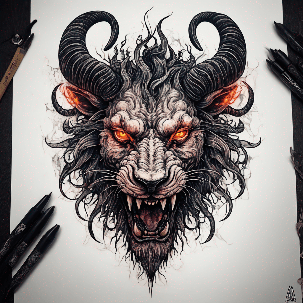 Fierce lion-goat demon face, snarling maw, twisted goat horns, glowing eyes, occult sigils, cracked skin, neo-traditional blackwork, bold lines and sinister smile