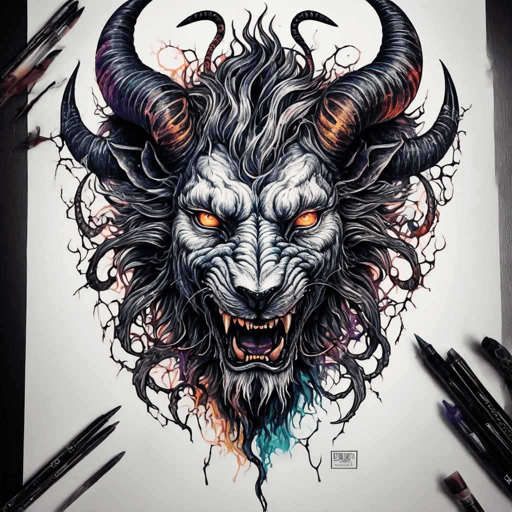 Fierce lion-goat demon face, snarling maw, twisted goat horns, glowing eyes, occult sigils, cracked skin, neo-traditional blackwork, bold lines and sinister smile