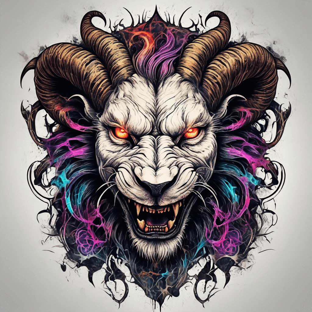 Fierce lion-goat demon face, snarling maw, twisted goat horns, glowing eyes, occult sigils, cracked skin, neo-traditional blackwork, bold lines and sinister smile