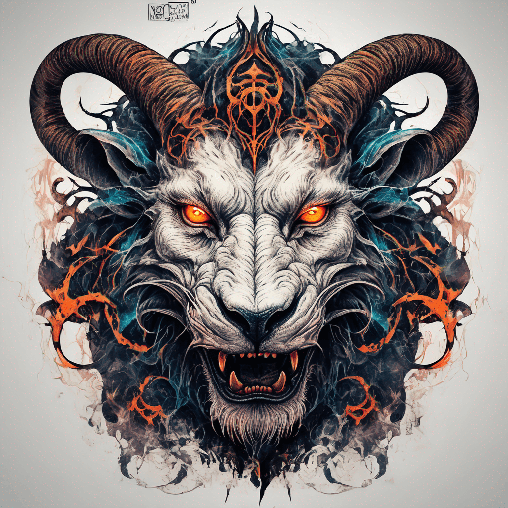 Fierce lion-goat demon face, snarling maw, twisted goat horns, glowing eyes, occult sigils, cracked skin, neo-traditional blackwork, bold lines and sinister smile