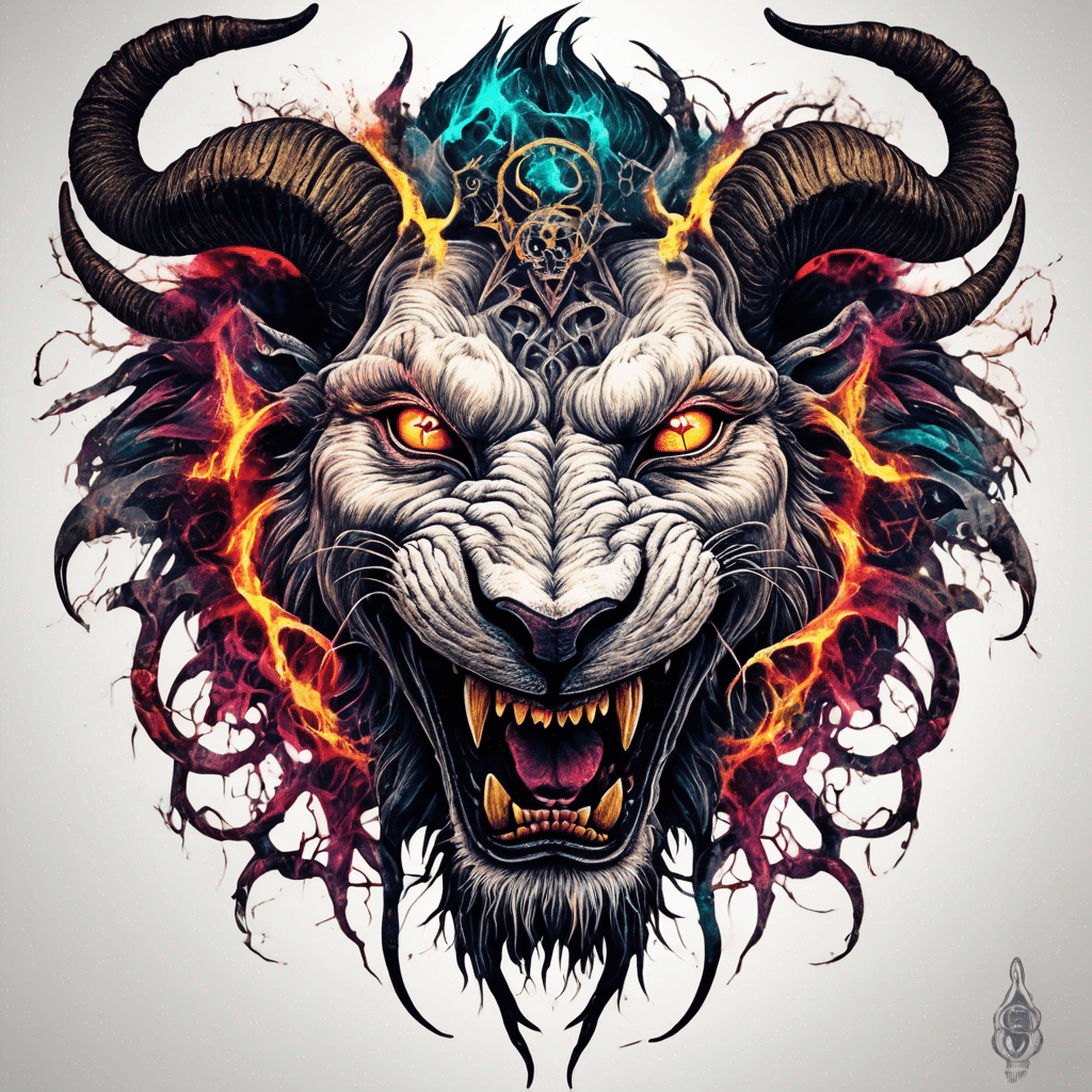 Fierce lion-goat demon face, snarling maw, twisted goat horns, glowing eyes, occult sigils, cracked skin, neo-traditional blackwork, bold lines and sinister smile with vibrant colour