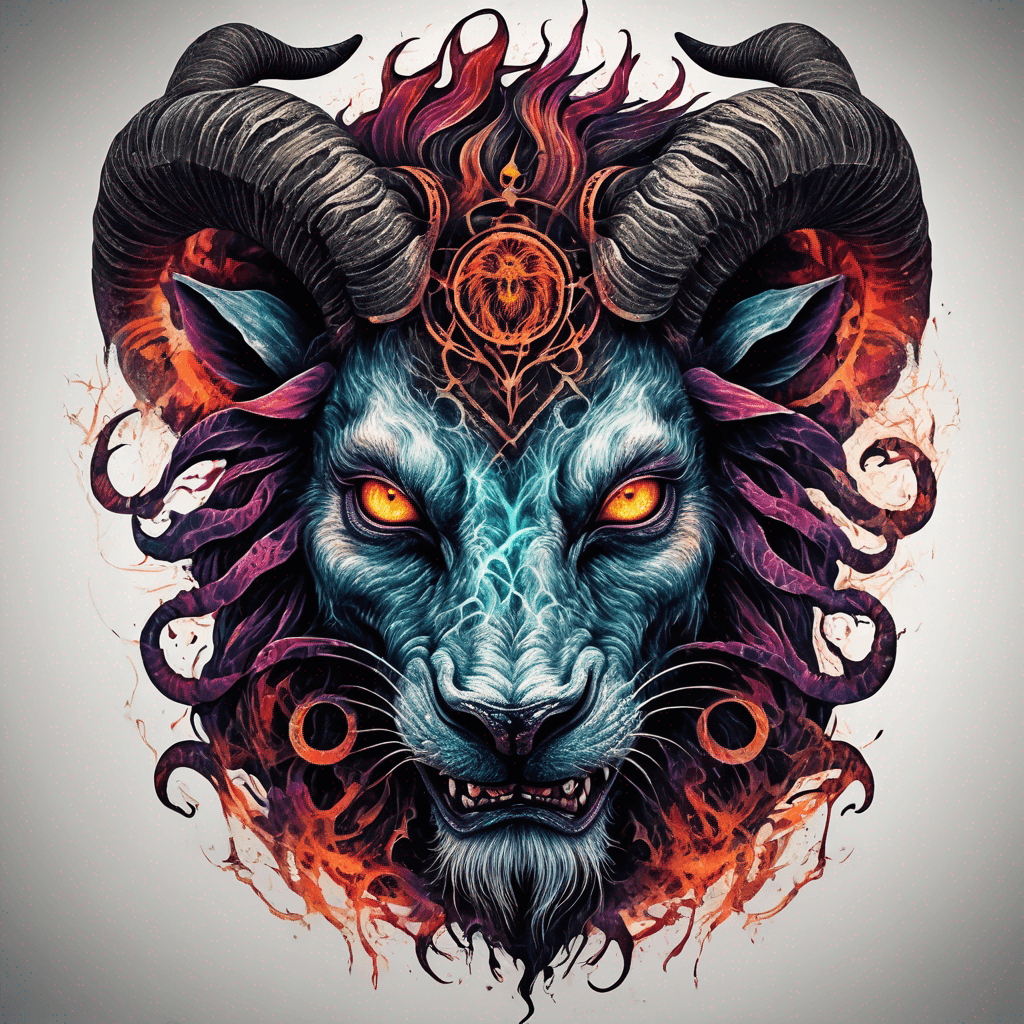 Fierce lion-goat demon face, snarling maw, twisted goat horns, glowing eyes, occult sigils, cracked skin, neo-traditional blackwork, bold lines and sinister smile with vibrant colour